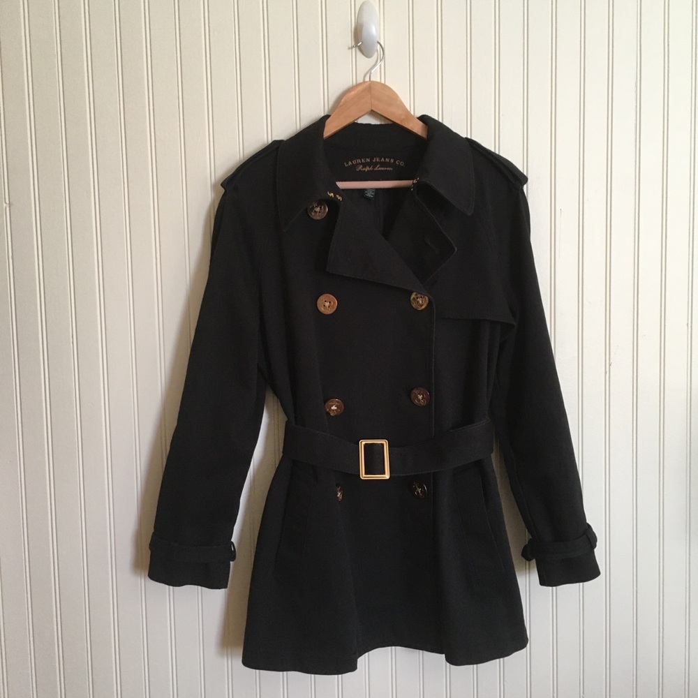 Lauren Jeans Co. Ralph Lauren black denim belted trench coat size large GUC